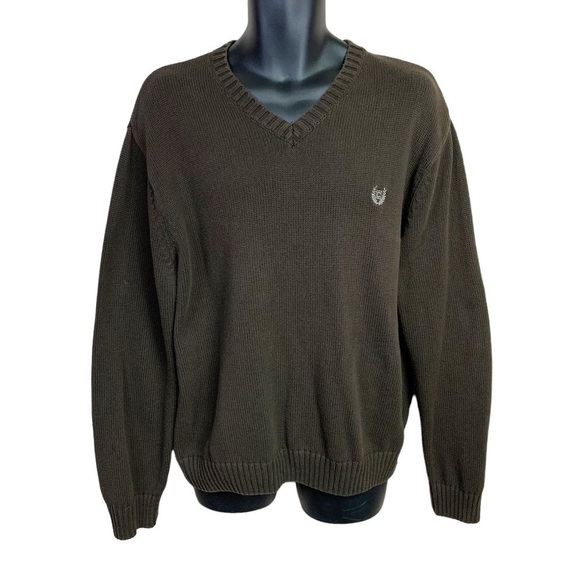 XL Chaps Mens Brown Crest V Neck Sweater Pullover Long Sleeve Stretch Cotton - Picture 1 of 8